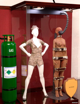 1girls 3d bound bound_arms bound_legs bubble_head_nurse completely_nude english_text female female_only full_body mannequin monster_girl nude nude_female nurse_(silent_hill) on_display silent_hill silent_hill_2 solo text thejpeger trophy_case unconscious unconscious_female