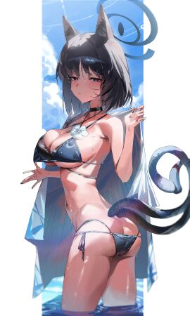 1girls absurdres alternate_breast_size animal_ear_fluff animal_ears ass bikini black_choker black_hair blue_archive blue_bikini blush breasts butt_crack cat_ears cat_tail choker chun_nam female halo haori highres japanese_clothes kikyou_(blue_archive) kikyou_(swimsuit)_(blue_archive) large_breasts looking_at_viewer micro_bikini multiple_tails navel official_alternate_costume outdoors pillarboxed revision side-tie_bikini_bottom sky solo string_bikini swimsuit tail twisted_torso underboob wading