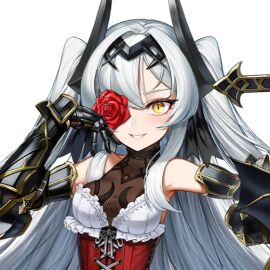 bangs bare_shoulders big_breasts blush breasts choker color corset cyclops_princess dress female female_focus female_only flower flower_eyepatch flower_in_eye game_cg gauntlets gothic_lolita hair_on_shoulder hair_ornament hair_over_shoulder hand_on_face hand_on_own_face lace_choker last_origin lolita_fashion long_hair looking_at_viewer mr._yun not_porn one_eye_covered red_corset red_flower safe safe_for_work sfw sleeveless sleeveless_dress slim slim_female smile smiling smiling_at_viewer transparent_background twintails upper_body white_hair yellow_eyes