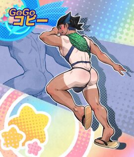 1boy 2023 ass back_view black_fundoshi blue_hair blush bulge butt_crack flip_flops fundoshi gay grin haragake_(clothing) male male_only nipples original shafu solo tagme takamaru_(pixiv9493120) tan_skin tanline yaoi
