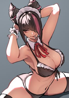 ap_cammy ass big_breasts bikini black_bra black_hair black_panties bra breasts detached_collar detached_sleeves dyed_hair female frilled_bra frills grey_background hair_over_one_eye hair_streak hands_behind_head juri_han lollipop maid maid_bikini maid_headdress object_in_mouth on_floor panties purple_hair purple_streak simple_background skindentation splits street_fighter thick thighhighs thighs tied_hair two-tone_hair