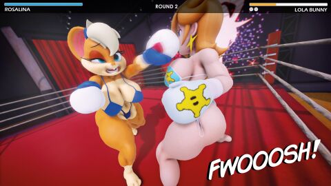 2girls 3d 3d_(artwork) anthro bikini blonde_hair boxing boxing_gloves boxing_ring catfight crossover dodging duo eastern_and_western_character female female_focus female_only fight fighting fighting_ring furry gameplay_mechanics gloves health_bar human ice_blue_boxing_gloves ice_blue_gloves kabalmystic_(style) lola_bunny long_hair looney_tunes mario_(series) nintendo princess_rosalina punch punching ryona thick thick_thighs thighs ultimabox warner_brothers white_boxing_gloves white_gloves wide_hips