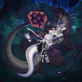 anthro anthro_on_feral anthro_penetrated armwear belly big_belly black_armwear black_body black_clothing black_latex black_legwear black_penis black_tail bodily_fluids clothing cum cum_splatter dragon duo ear_frill egg egg_bulge eggnant erection female female_penetrated feral feral_penetrating feral_penetrating_anthro frill_(anatomy) fur genital_fluids genitals grass grey_body grey_fur grey_tail hi_res knot lactating latex latex_armwear latex_clothing latex_legwear legwear long_neck male male/female male_penetrating male_penetrating_female markings mouth_closed mythological_creature mythological_scalie mythology narrowed_eyes night open_mouth outside penetration penile penile_penetration penis penis_in_pussy plant purple_eyes purple_markings pussy red_tongue scales scalie sex shrub signature smogville spread_legs spreading tail tongue tongue_out tree vaginal_penetration white_body white_frill white_scales zoophilia