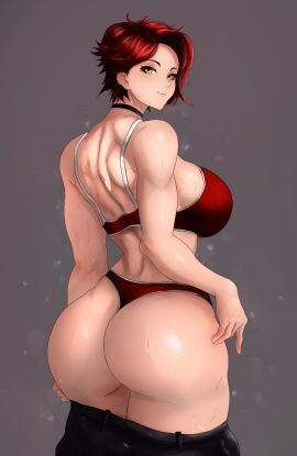 ass big_ass bra choker female female_focus female_only jeans looking_at_viewer looking_back lordmagnuss oc orginal_character original_character pants posing red_hair scarlet_winters smirk sweat sweatdrop thick_ass thick_thighs yellow_eyes