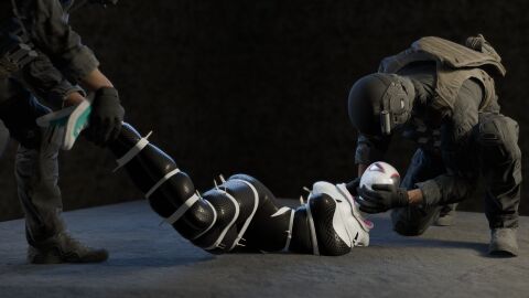 1girls 2boys 3d bondage breasts defeated_heroine female grabbing gwen_stacy kidnapped kidnapping latex_suit male marvel marvel_comics mask masked masked_female multiple_boys multiple_males outnumbered overpowered shoes size_difference skin_tight small_breasts spider-gwen spider-man:_into_the_spider-verse spider-man_(series) tagme thighs zipties