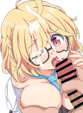 1boy 1girls ahoge blonde_hair blue_archive breasts cum cum_on_eyewear engineering_department_(blue_archive) facial female glasses grabbing grabbing_another's_breast highres kotori_(blue_archive) large_breasts licking licking_penis male millennium_science_school_student necktie pc_fworks penis penis_licking red_eyes short_hair simple_background tongue tongue_out white_background