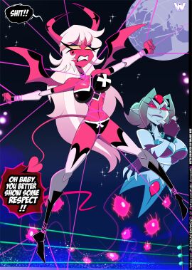 2girls binding bindings bondage catfight character_request demon demon_girl demon_horns demon_humanoid demon_tail demon_wings dialogue female female_focus female_only female_wrestler great_dude helluva_boss moon night night_sky succubus verosika_mayday verosika_mayday_(helluva_boss) wrestlers wrestling wrestling_match wrestling_outfit wrestling_ring