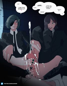 1boy 2girls absurdres artist_name barefoot barefoot_under_trousers between_toes black_hair black_jacket black_nails black_necktie blush brown_hair chainsaw_man cooperative_footjob cum cum_between_toes cum_on_body cum_on_feet cumdrip double_footjob ejaculation english_text erection eyepatch feet female ffm_threesome foot_fetish foot_focus footjob foreshortening green_hair green_nails group_sex hair_ornament hair_over_one_eye hairclip higashiyama_kobeni highres himeno_(chainsaw_man) holding_own_leg jacket knees_apart_feet_together knees_up long_sleeves male mjlewds mole mole_under_eye multiple_females multiple_girls multiple_moles nail_polish necktie one_eye_covered open_mouth parted_lips penis ponytail pov projectile_cum short_hair short_ponytail sitting speech_bubble spread_toes teamwork_(sexual) threesome toejob toenail_polish toenails toes uncensored web_address