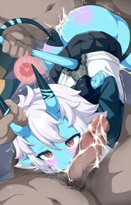 1girls 2boys after_fellatio arms_behind_back ass black_skirt blue-skinned_female blue_jacket blue_skin blush bottomless bound bound_arms brown_eyes censored clothed_female_nude_male colored_skin cum cum_on_ass cum_on_penis dark-skinned_male dark_skin erection facial female fertilization group_sex highres horn_grab horns hoyoverse impregnation jacket male male_pubic_hair memory_omega mmf_threesome mosaic_censoring multiple_boys multiple_males nude omega_laboratory oni open_mouth ovum penis pubic_hair sex short_hair skin-covered_horns skirt solo_focus soukaku_(zenless_zone_zero) straight tail tail_grab thigh_strap threesome white_hair zenless_zone_zero