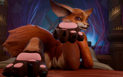 3d anthro ass blizzard_entertainment canid canine digital_media_(artwork) elis_(toxik_enizis) female fox fur genitals hi_res looking_at_viewer mammal multicolored_body multicolored_fur nipples nude open_mouth pussy solo tail text toxik_enzis true_fox two-tone_body two-tone_fur vulpera warcraft white_body white_fur widescreen world_of_warcraft