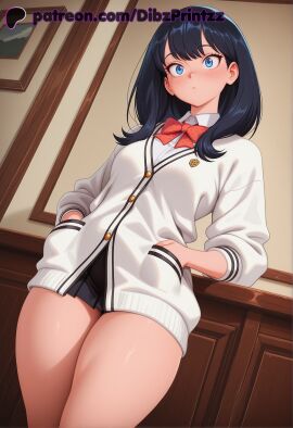 1girls ai ai_assisted ai_generated anime artist_name black_hair black_skirt blue_eyes blush bow bowtie breasts cardigan closed_mouth collared_shirt dibzprintz female hands_in_pockets hi_res high_quality high_resolution highres indoors long_hair long_sleeves microskirt miniskirt pleated_skirt red_bow red_bowtie school_uniform shirt skirt solo ssss.gridman standing takarada_rikka thick_thighs thighs watermark white_cardigan white_shirt