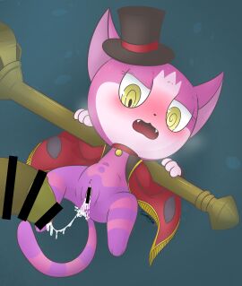 absurd_res after_rape after_sex anthro blush bodily_fluids cum cum_in_pussy cum_inside cuntboy domestic_cat duo felid feline felis fur genital_fluids genitals hi_res intersex intersex/male krowe_king lemontyne lying male mammal on_back penis purple_body purple_fur pussy sharlie_(obakeidoro!) solo_focus tail toad