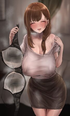 1girls absurdres black_bra black_skirt blurry blurry_background blush bra bra_removed breasts brown_hair cleavage closed_eyes collarbone covered_nipples curtains female grey_shirt hair_tie highres holding holding_bra holding_underwear holding_unworn_clothes huge_breasts long_hair open_mouth original original_character pencil_skirt shaddoll_fusion shirt skirt solo steaming_body sweat underwear unworn_bra