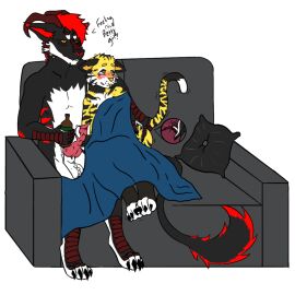 alcohol anal anal_fingering animal_genitalia beverage dirty_talk duo felid fingering genitals hakanthevernid hi_res internal knot knotted_penis male male/male mammal pantherine penis sheath spencerthetiger teasing tiger vernid