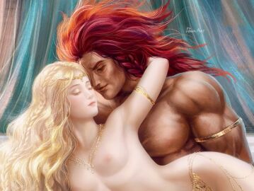 2boys androgynous artistic_nude biceps blonde-haired_female blonde-haired_male blonde_hair bottom_heavy brother_and_brother brothers caress caressing closed_eyes covered_navel covered_nipples curvaceous curvaceous_figure curves curvy curvy_body curvy_figure curvy_hips curvy_thighs develvdeva digital_painting_(artwork) elden_ring female femboy feminine_male fromsoftware gentle half-brothers half-siblings hips implied_sex incest incest_(lore) larger_male light-skinned_male light_skin long_hair male male/male male_focus male_only miquella muscular muscular_male muscular_thighs no_visible_genitalia nonsexual nonsexual_nudity pale-skinned_male pale_skin perky_nipples pinup red_hair romantic romantic_ambiance romantic_couple serene shadow_of_the_erdtree size_difference smaller_male solo solo_male starscourge_radahn tasteful tasteful_nudity toned_legs voluptuous voluptuous_male wide_hips