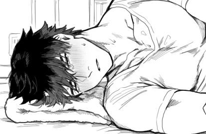 1boy black_eyes black_hair blush lying lying_on_side male male_only monochrome muscular muscular_male original parted_lips shirt solo yukibi_(ykb)