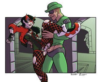 black_canary clothed clothed_female clothed_sex dapperzapper dc dc_comics female fishnets green_arrow_(series) huntress_(dc) leg_lift leg_up male penetration penis pussy red_canary signature stealth_sex text torn_fishnets torn_legwear vaginal_penetration zipper