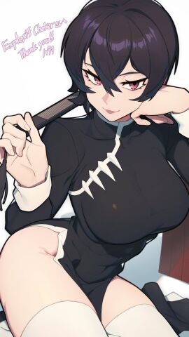 1girls :p black_dress black_hair breasts china_dress chinese_clothes commission double-parted_bangs dress female folded_fan folding_fan hair_between_eyes hand_fan hand_on_own_cheek hand_on_own_face hata4564 highres holding holding_fan large_breasts legs_together lhata4564 light_blush long_sleeves looking_at_viewer nerine_(explosifchoker) original pelvic_curtain red_eyes short_hair side_slit sitting skeb_commission solo thank_you thighhighs tongue tongue_out white_thighhighs