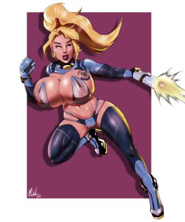 alternate_costume bikini bikini_bottom bimbofication blonde_hair blue_eyes bracelet breasts breasts_outside cameltoe clothed_exposure collar earrings female femsub gun high_heels hotsriracha huge_breasts huge_lips long_hair metroid midriff navel nintendo piercing ponytail pussy running samus_aran see-through simple_background tattoo thigh_boots thighhighs tied_hair weapon