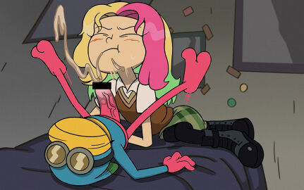 1boy after_fellatio amphibia bed bedroom blonde_hair blush boots censored closed_eyes collared_shirt colored_skin covered_face ctfbm cum female frog_boy full_body green_hair green_skirt indoors long_hair lying male molly_jo multicolored_hair pantyhose penis pink_hair pink_skin round_eyewear shirt skirt sprig_plantar sweatdrop sweater_vest toon_(style)