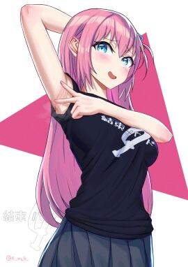 1girls absurdres arm_up armpit_focus armpits black_shirt blue_eyes blue_skirt blush bocchi_the_rock! breasts commentary cowboy_shot female gotou_hitori hair_between_eyes hair_ornament highres kan_(k_rab) large_breasts long_hair looking_at_viewer nail_polish open_mouth pink_hair pink_nails pleated_skirt presenting presenting_armpit shadow shirt sidelocks skirt smell solo spread_armpit standing steaming_body t-shirt twitter_username very_long_hair white_background