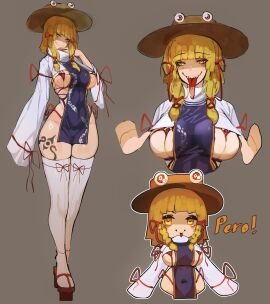 1girls big_breasts blonde_hair breasts chibi fangs female goddess grey_background hat hips light-skinned_female light_skin long_tongue micro_bikini revealing_clothes sideboob solo solo_female stockings suwako_moriya teeth text thick_thighs thighs tomatolover16 tongue tongue_out touhou underboob yellow_eyes