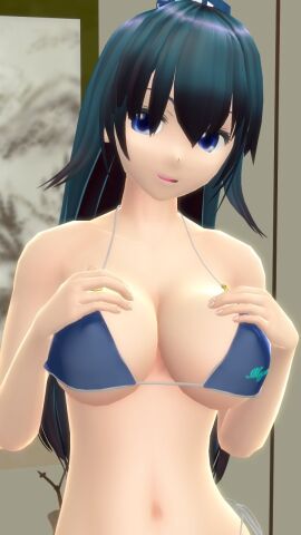 1girls 2023 3d bikini blue-eyed_female blue-haired_female blue_bikini breasts cleavage female hands_on_breasts hat hati_yukkuri_mmd headwear hips iizunamaru_megumu interior_background jpeg light-skinned_female long-haired_female looking_at_viewer mmd navel open_mouth smiling_at_viewer solo_female swimsuit tengu tokin_hat touhou waist youkai