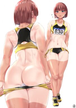 1girls ass black_sports_bra blue_eyes breasts brown_hair buruma buruma_pull clothes_pull ear_piercing earrings female flying_sweatdrops highres jewelry kuroame_(kurinohana) medium_breasts navel original piercing pulling_own_clothes short_hair sports_bikini sports_bra sportswear sweat tan tanlines tomboy track_and_field track_uniform two-tone_sports_bra white_background yellow_sports_bra