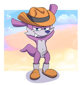 absurd_res anthro balls biped blue_eyes boots clothing cloud countershade_balls countershade_face countershade_fur countershade_genitalia countershade_penis countershade_torso countershading cowboy_hat digital_media_(artwork) dipodid erection fang_the_hunter fang_the_sniper footwear foreskin fur genitals geometric_background glans grey_balls grey_body grey_fur grey_penis hands_behind_head hat headgear headwear hi_res humanoid_genitalia humanoid_penis jerboa looking_at_viewer male male_anthro male_only mammal mostly_nude mostly_nude_anthro mostly_nude_male navel penis purple_body purple_fur rodent sega short short_anthro short_male simple_background sky sky_background smile smiling_at_viewer solo sonic_(series) sonic_the_hedgehog_(series) standing teeth uncircumcised urethra wattacat