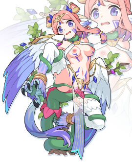 bare_shoulders bimusama bird_legs blush breasts censored commentary_request commission double_bun facial_mark feathers female hair_bun harpy heart heart_censor highres long_hair medium_breasts monster_girl multicolored_hair nipples open_mouth original pelvic_curtain pink_hair plant_sex purple_eyes purple_feathers purple_hair purple_wings solo talons tentacle tiara two-tone_hair two-tone_wings underboob vine_tentacle white_background white_feathers wings zoom_layer