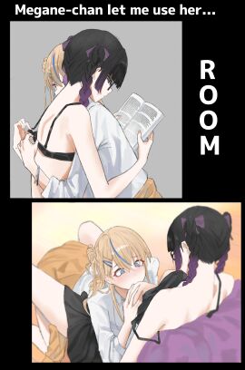 2girls @_@ absurdres between_legs black_bra black_hair black_skirt blue_eyes blush bra bra_lift bracelet braid breast_sucking breasts brown_cardigan cardigan cardigan_around_waist closed_mouth clothes_around_waist commentary english_commentary english_text female glasses gradient_hair gyaru hair_between_eyes hair_ornament hairclip highres hug jewelry light_brown_hair long_hair medium_breasts multicolored_hair multiple_females multiple_girls original piercing_hole purple_hair reading removing_bra shirt sidelocks skirt streaked_hair twin_braids ulette underwear white_shirt yuri