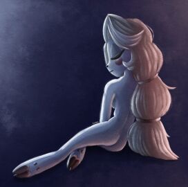2d artistic_nude back_view blonde_hair charlie_morningstar_(hazbin_hotel) closed_eyes contemplative demon demon_girl female hazbin_hotel hooves lighting long_braid long_hair mood_lighting moody nonsexual_nudity painting_(artwork) soft_shading tasteful_nudity vivienne_medrano white_skin zealotiv