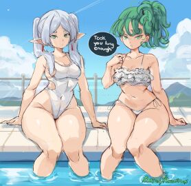 2girls alternate_costume bikini blue_sky breasts cloud covered_navel crossover curly_hair earrings elf english_text female female_only frieren frilled_bikini frills green-haired_female green_eyes green_hair grey_hair hi_res highleg highleg_one-piece_swimsuit highres jewelry long_hair looking_at_viewer multiple_females multiple_girls navel one-piece_swimsuit one-punch_man outdoors parted_bangs petite pointy_ears pool rakeemspoon short_eyebrows short_hair side-tie_bikini_bottom side_ponytail sitting sky small_breasts sousou_no_frieren speech_bubble swimsuit tatsumaki text thick_eyebrows thick_thighs thighs twintails water white_bikini white_one-piece_swimsuit wide_hips