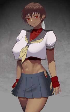 1girls brown_hair dark-skinned_female red_eyes rokubanana sakura_kasugano street_fighter