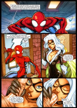 1boy 2girls bed bedroom black_cat_(marvel) blonde_hair breasts comic comic_page english_text felicia_hardy female jkr jkrcomix large_breasts male marvel marvel_comics multiple_females multiple_girls ot3 penis peter_parker pussy sex speech_bubble spider-man spider-man_(series) spyder-sperm_(comic) stealth_sex straight_hair threesome vaginal_penetration