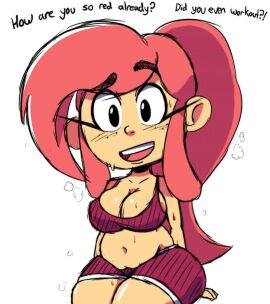 chubby chubby_female dialogue female freckles pink_hair scott_falco sports_bra sportswear sweat sweating sweaty tagme tessa_(scott_falco) text