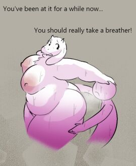 2024 ambiguous_gender anthro ass bodily_fluids boss_monster_(undertale) bovid breasts caprine dialogue english_text faceless_ambiguous faceless_character female female/ambiguous goat hand_on_head human larger_female mammal nipples overweight overweight_anthro overweight_female oxkingky size_difference smaller_ambiguous sweat text thick_thighs toriel undertale undertale_(series)