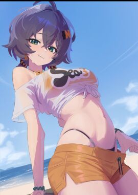 1girls absurd_res alternate_costume anonds31 beach beachwear belle_(summer_skies)_(zenless_zone_zero) belle_(zenless_zone_zero) belly belly_button blue_eyes blue_hair blush cropped cropped_image english_text female female_only grey_hair highres hoyoverse looking_at_viewer mihoyo official_alternate_costume see-through see-through_clothing see-through_shirt short_hair shorts swimwear text thighs tummy twintails zenless_zone_zero