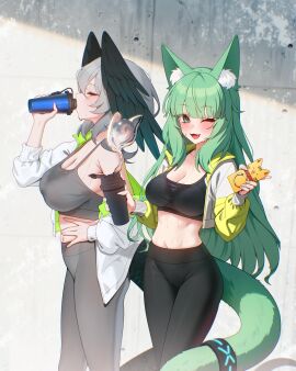 2girls :3 after_exercise animal_ears arknights belly belly_button big_breasts blush bra breasts cameltoe chest cleavage closed_eyes drinking ear_fluff ett eyelashes fangs female female_only fluffy_tail green_eyes green_hair gym_clothes gym_uniform hand_on_hip harmonie_(arknights) head_wings hips ho'olheyak_(arknights) holding_water_bottle kemonomimi large_breasts leggings legs light-skinned_female light_skin long_hair long_tail looking_at_viewer navel navel_peek off_shoulder one_eye_closed open_mouth pants side_eye smartphone smartphone_case sports_bra sports_uniform sportswear stained_clothes standing stomach sweat sweat_stain sweatdrop sweating sweaty tail thighs top topwear waist water_bottle white_hair wings wink winking winking_at_viewer yoga_pants