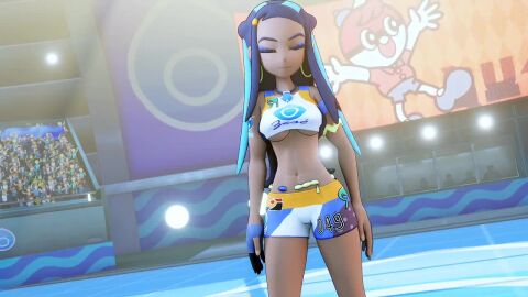 1girls 3d amateurthrowaway animated bent_over black_hair blue_eyes blue_hair bouncing_breasts breasts clothing crop_top dark-skinned_female dark_skin defeated drednaw earrings female gloves human interracial light-skinned_male light_skin lost_bet male nessa_(pokemon) nintendo one_leg_up penis pokemon pokemon_ss pulling_down_pants pussy shorts sound splits sportswear standing_sex tagme two-tone_hair underboob vaginal_penetration video