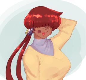 1girls big_breasts breasts cute cute_face earrings female heart king_of_fighters long_hair long_sleeves looking_at_viewer pointy_chin ponytails race_swap red_hair shermie_(kof) sweater tan tan_body tan_skin tied_hair tongue tongue_out very_long_hair