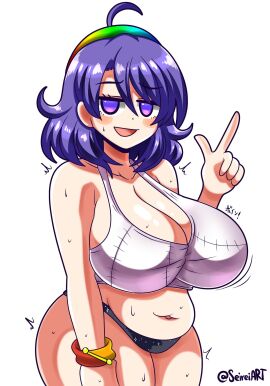 ass barely_clothed big_ass big_breasts bra breasts chimata_tenkyuu chubby chubby_female cowlick female female_only headband light-skinned_female light_skin panties purple_eyes purple_hair seireiart solo sweat sweaty sweaty_body tenkyuu_chimata touhou