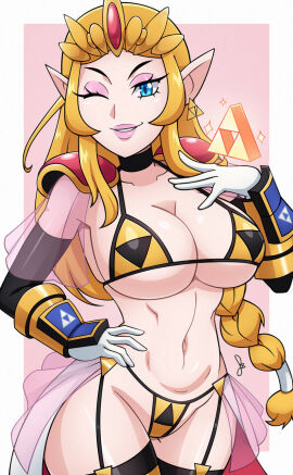 1girls big_breasts bikini bimbo blonde_hair blue_eyes braided_hair breasts choker cleavage dmy-gfx earrings elbow_gloves eyeshadow female female_only garter_straps gauntlets gloves hand_on_hip hyrule_warriors large_breasts lipstick long_hair looking_at_viewer makeup midriff navel nintendo princess_zelda revealing_clothes showgirl_skirt skimpy_clothes stockings swimsuit the_legend_of_zelda thighhighs tiara triforce triforce_bikini triforce_earrings triforce_swimsuit zelda_(hyrule_warriors)
