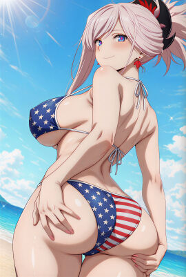 1girls 4k 4k_resolution 8k ai_generated american_flag_bikini beach bikini blue_eyes curvy earrings fate/grand_order fate_(series) female female_focus grabbing_ass grabbing_butt grabbing_own_ass grabbing_own_butt hi_res high_res high_resolution hires looking_back miyamoto_musashi_(fate) pink_hair rear_view red_earrings sexy sexy_body sexy_female smile smiling solo solo_female tagme upscaled
