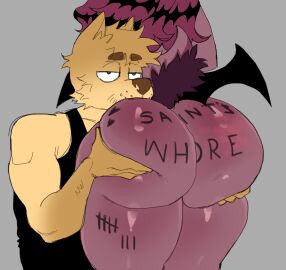 alice_(batpartycult) anthro anthro_only ass bat bat_wings big_ass big_butt blue_eyes body_writing bubble_ass bubble_butt canine female groping groping_ass handprint male male/female original_character pink_body pink_fur possession saint_(vpagonart) slap_mark squeezing squeezing_butt tail tally_marks vpagonart writing_on_ass writing_on_body yellow_body yellow_fur