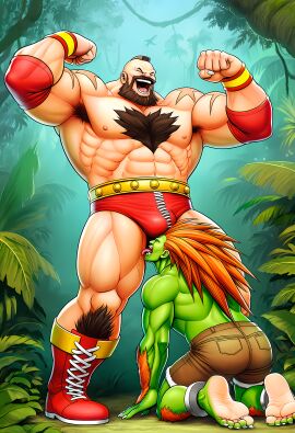 2boys ai_generated ass bara barefoot blanka bulge clothed_sex crawling flexing green_skin human_on_anthro jungle licking_balls male muscular muscular_male size_difference street_fighter tagme yaoi zangief
