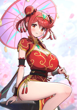 1girls breasts breasts_bigger_than_head china_dress chinese_clothes cleavage double_bun dress female gonzarez gonzarez1938 hair_bun huge_breasts light-skinned_female light_skin nintendo pyra red_eyes red_hair thick_thighs top_heavy wide_hips xenoblade_(series) xenoblade_chronicles_2