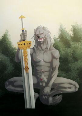 animal_genitalia anthro athletic balls blaidd_(elden_ring) canid canine canis elden_ring erection fingers fromsoftware fur genitals hair hi_res humanoid looking_at_viewer male mammal muscular muscular_anthro nipples nude open_mouth pecs penis sammaeel scar scars_all_over sheath solo tail teeth tongue uncensored wolf