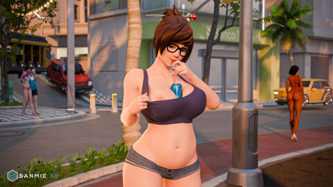 3d big_breasts breasts d.va eyewear female flashing flashing_breasts glasses mei_(overwatch) overwatch overwatch_2 pharah public sanmie3d tagme