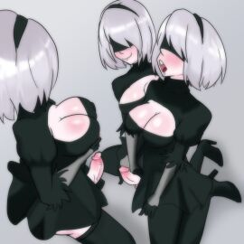 3futas big_breasts big_penis blindfold blush breasts clone clones clothed clothing erect_penis erection futa_focus futa_on_futa futa_only futanari hairband handjob human intersex kneeling light-skinned_futa light_skin mostly_clothed nier nier:_automata penis selfcest shaii64 short_hair sitting white_background white_hair yorha_2b
